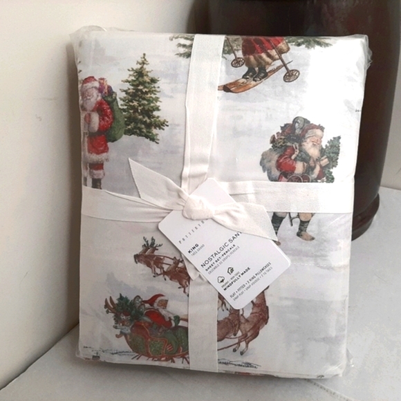 Pottery Barn Nostalgic Santa KING Cotton Percale Sheet Set